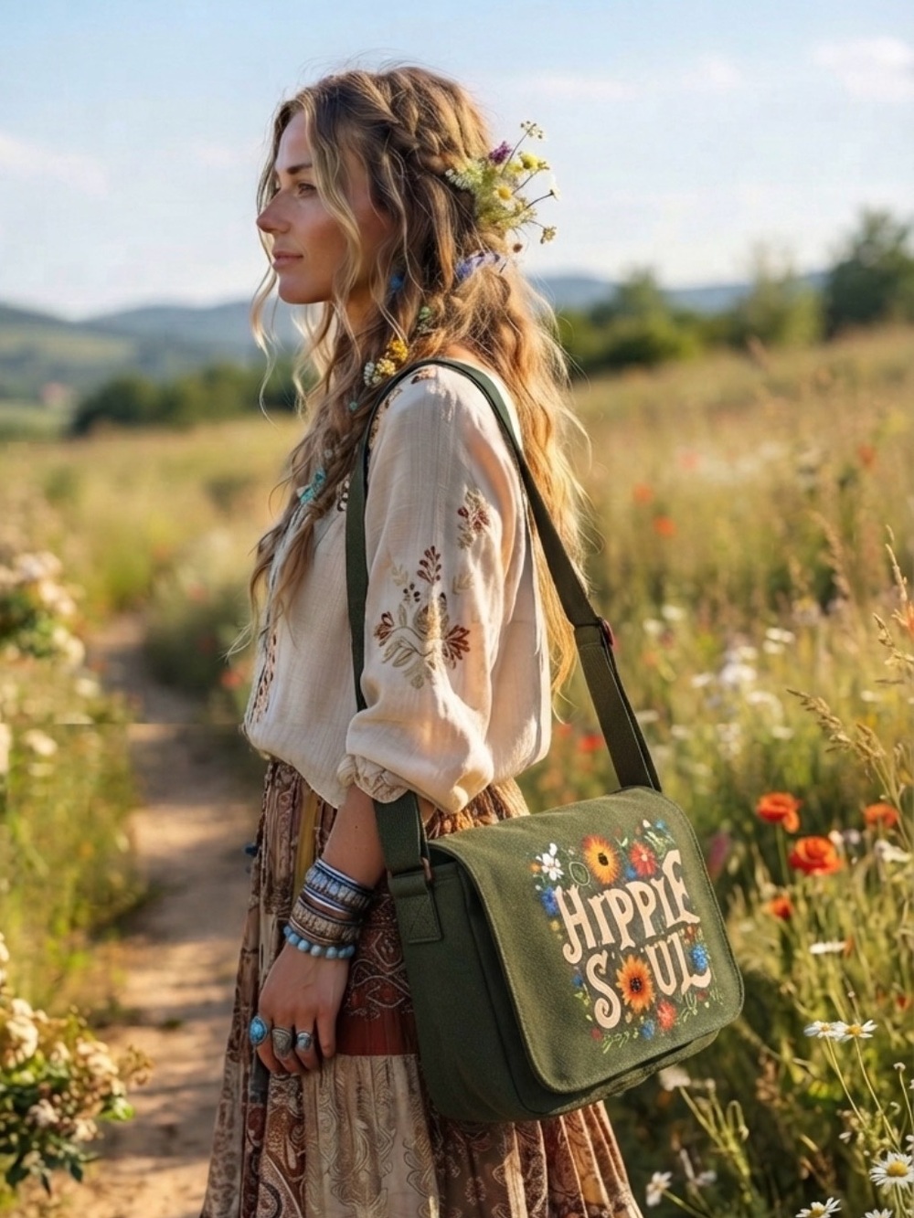 Olive Green Hippie Soul Canvas Crossbody Bag